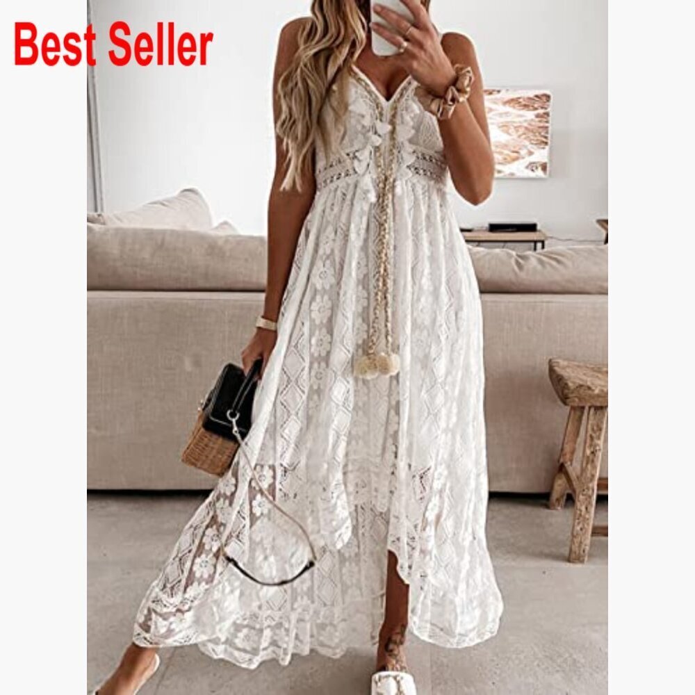 Cotton Blend Maxi Dress with Lace Tassel Adjustable Straps Sleeveless - Picture 6 of 7